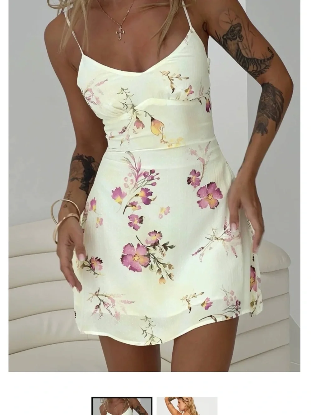Floral Spaghetti Strap Mini Dress - Cream with Pink Blooms - Picture 1 of 2